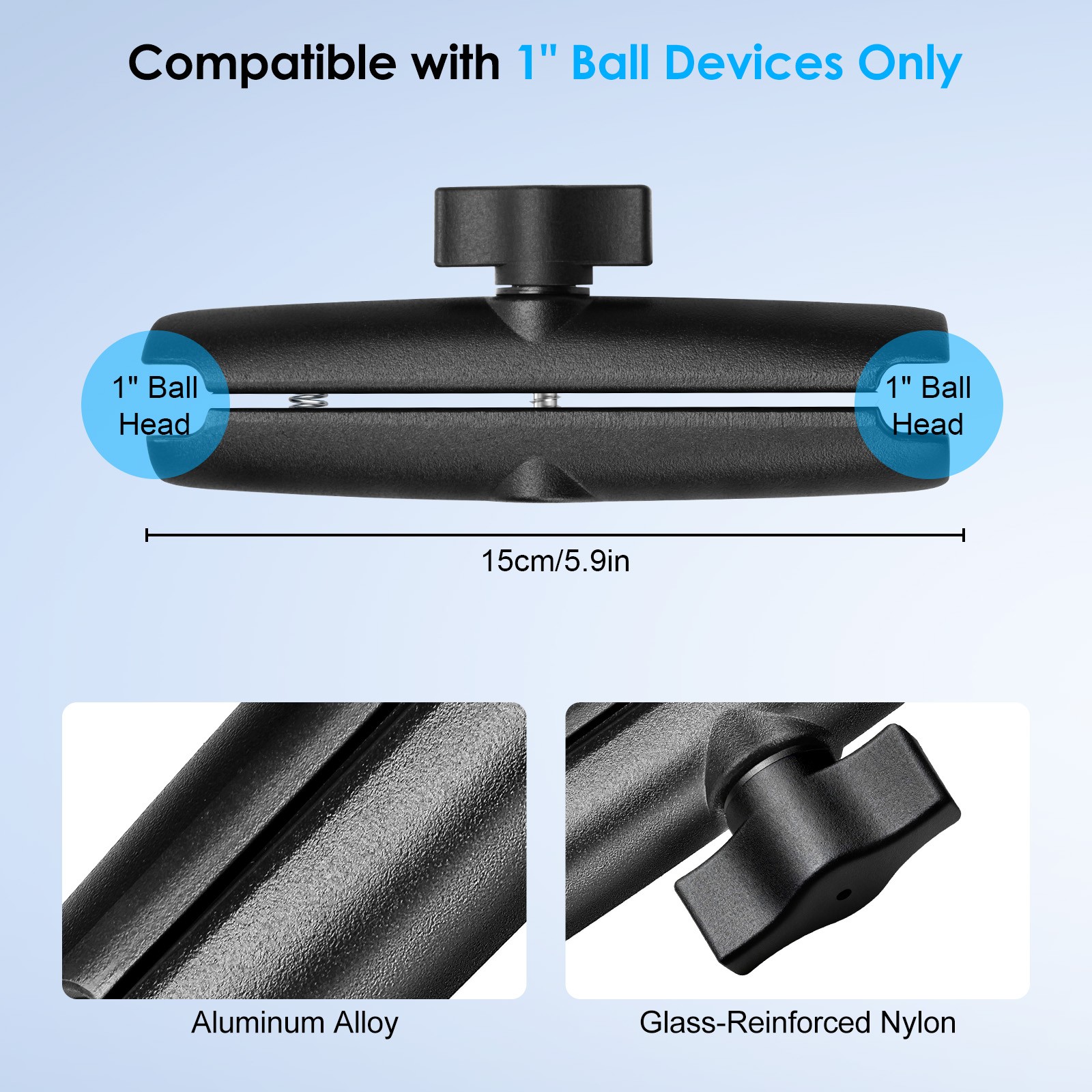 Double Socket Arm for RAM Mounts Camera Extension Arm 1" Ball Head Mount Adapter