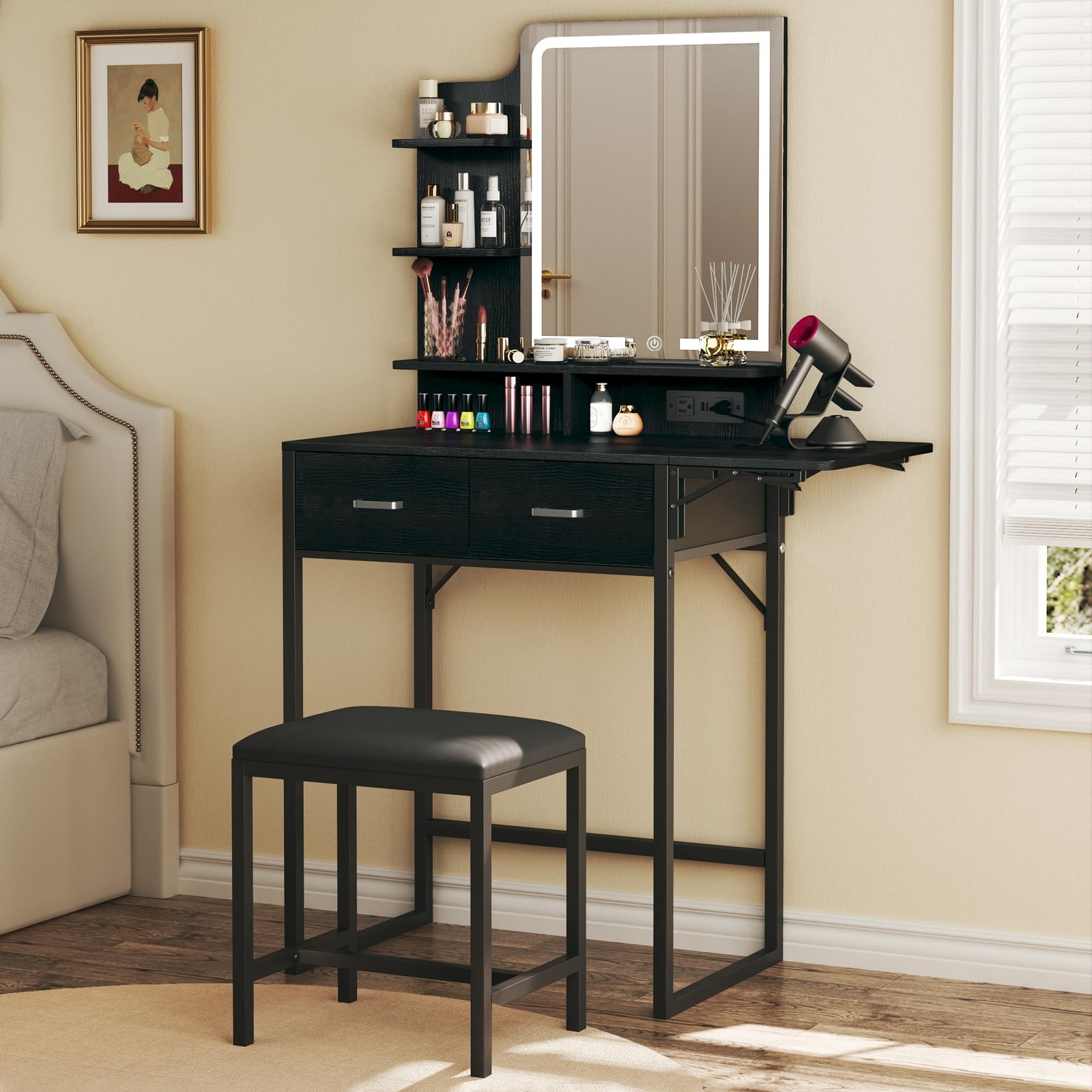 Makeup Vanity Desk with Mirror and Lights, Small Vanity with  Chair & Shelves