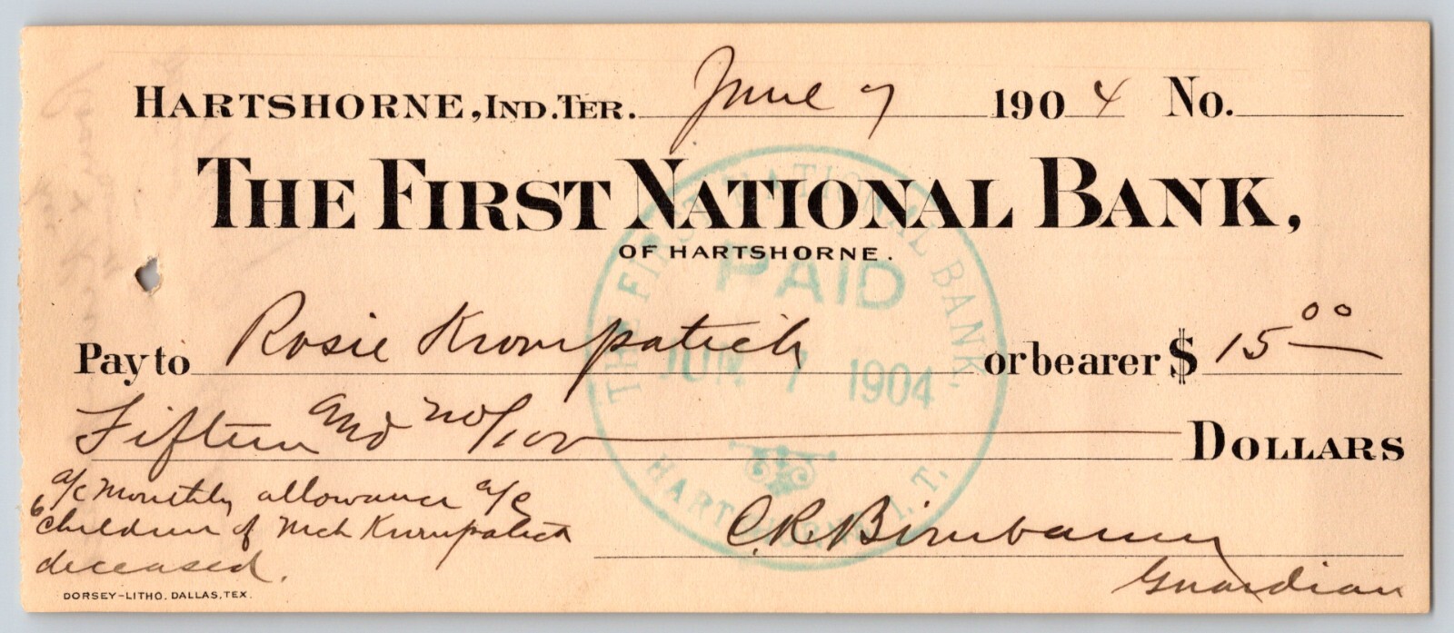 Hartshorne, OK Indian Territory 1904 FNB Bank Check VGC Scarce