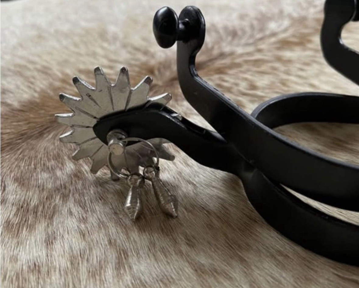 Adult Size Black Steel Spurs with Jingle Bobs On Oversized Silver Rowels PAIR