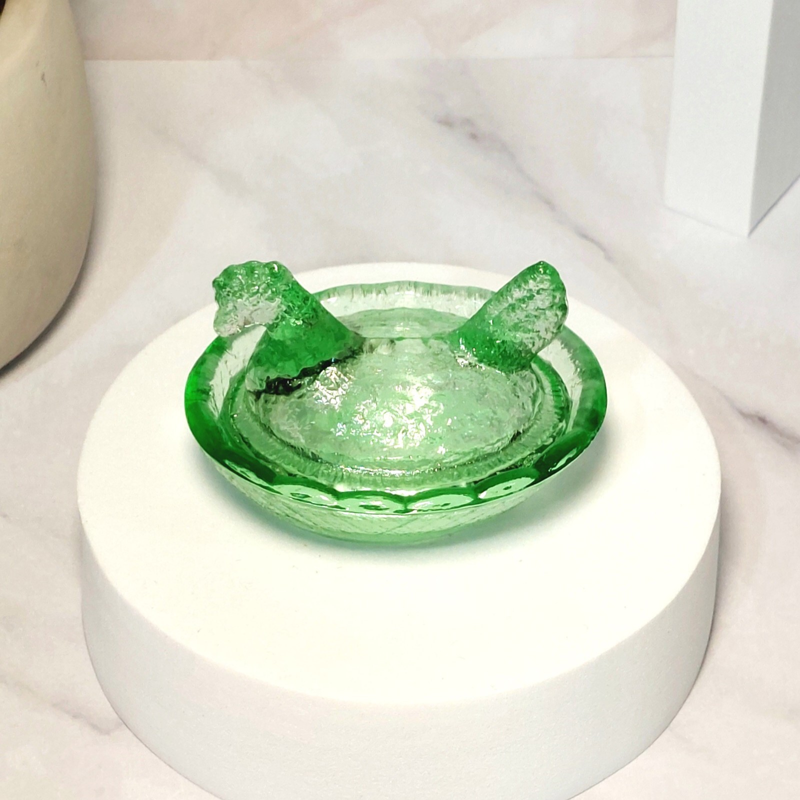 Green Depression Style Glass Mini Hen on Nest Chicken Salt Dish, Vintage Style