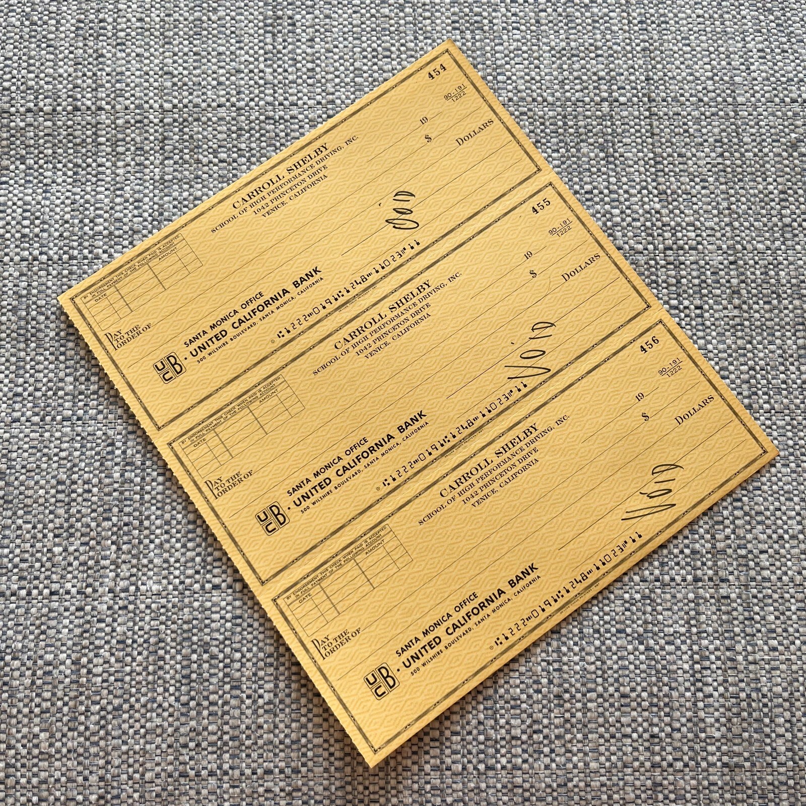 ORIGINAL Rare Carroll Shelby School of High Performance Driving Checks Cobra !!!