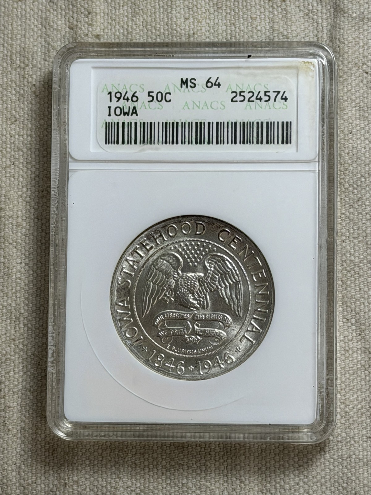 1946 P Iowa Commemorative 90% Silver Half Dollar ANACS MS 64 Vintage Soapbox