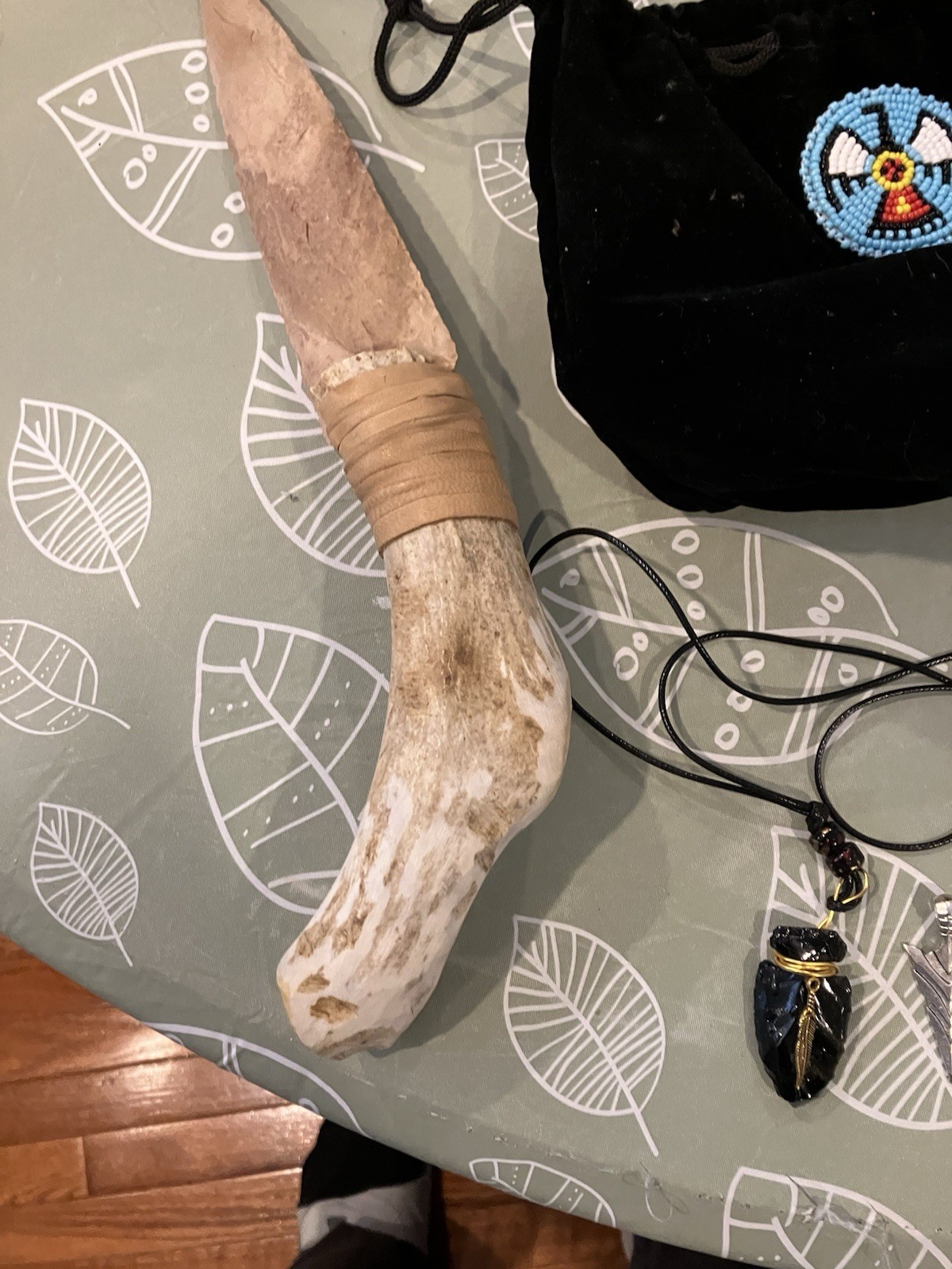 Flint Knapped Stone Arrowhead Blade W/ Antler Handle Knife 12.”inch & EXTRAS