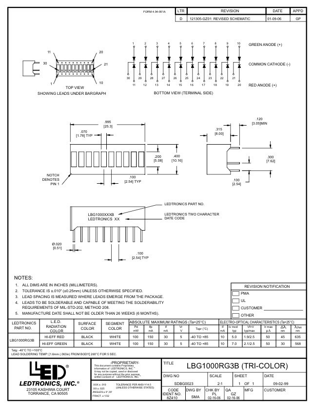 LED Bargraph Level Indicator, TriColor RED/GREEN/ORANGE, 10 Seg, 30 Pin (50pcs)