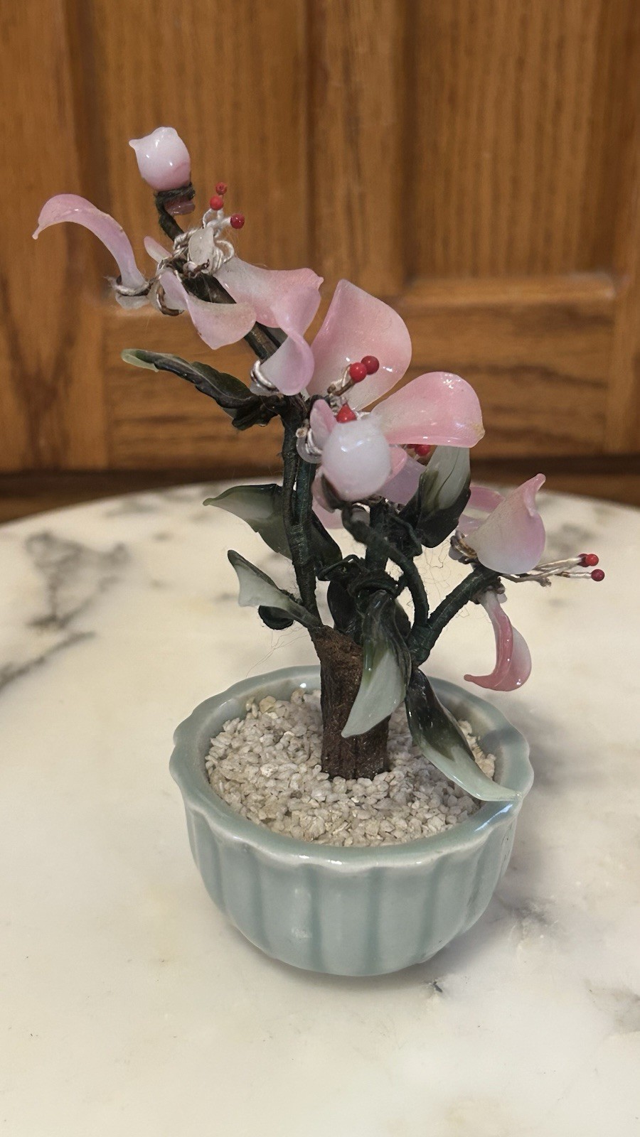 VTG Chinese Jade Glass Leaves Pink Cherry Flowers Bonsai Tree Green Celadon Pot