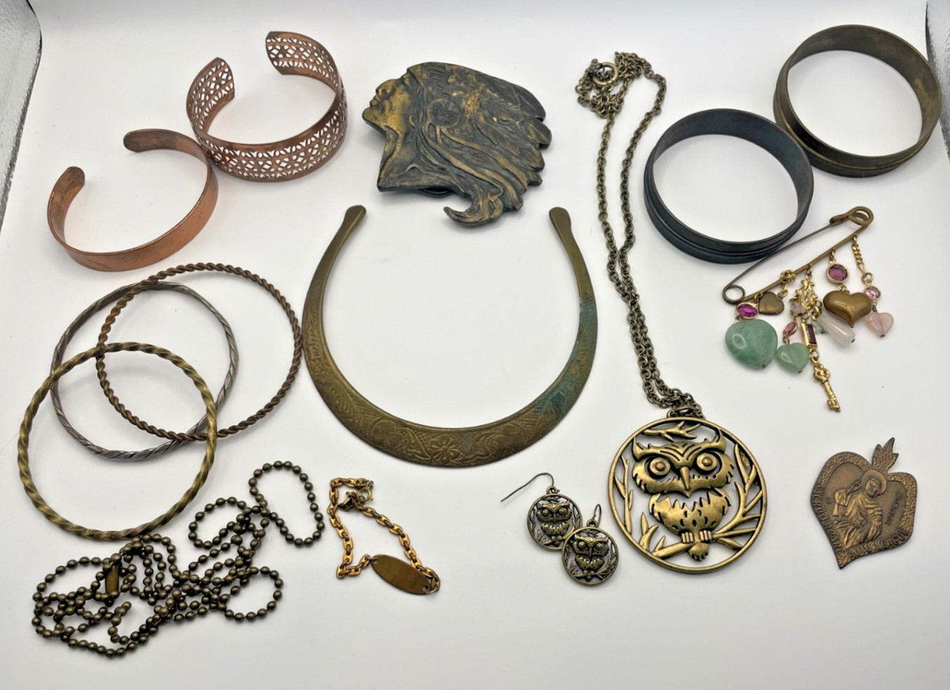 Vintage Brass Wearable Jewelry Lot 17 Pc Mixed Metals Brass tone Copper tone 1lb