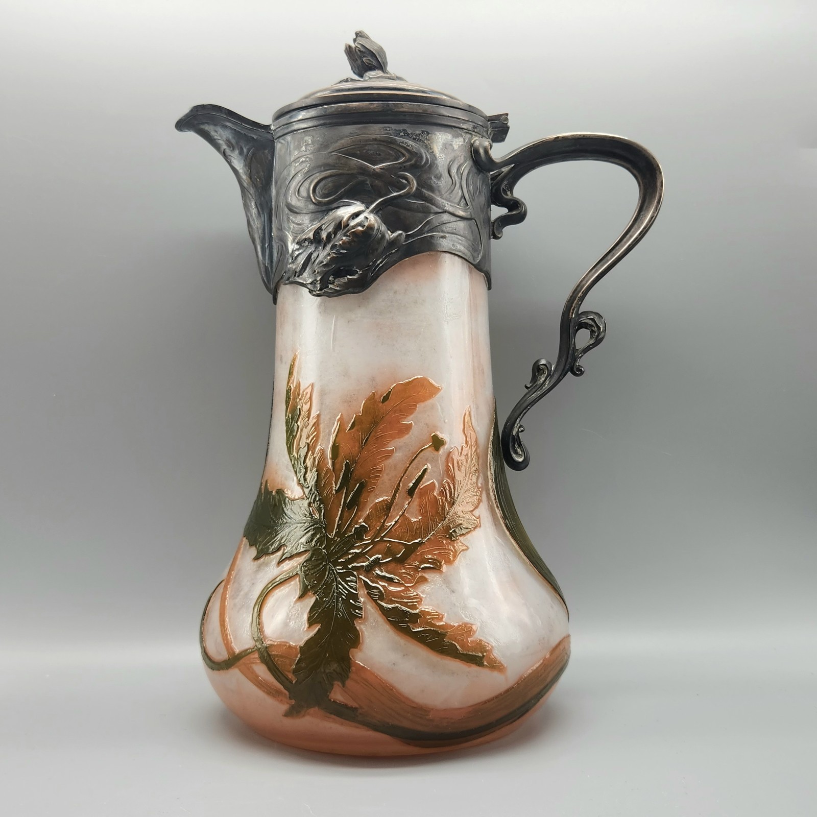 Antique Claret Jug Daum Nancy Victor Saglier Thistle Cameo Glass Art Nouveau 11"