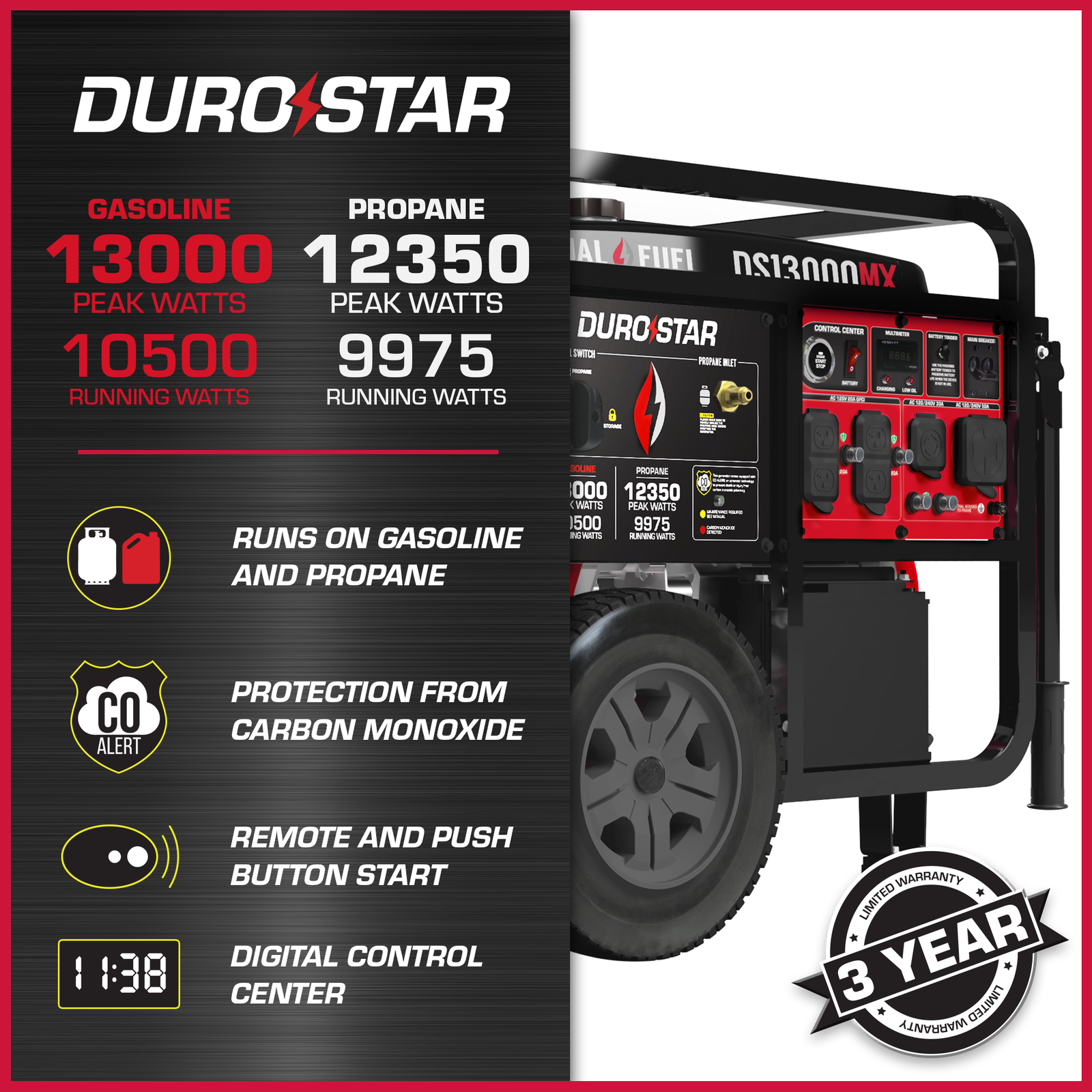 DuroStar DS13000MX 13,000W/10,500W Dual Fuel Portable Generator w/ CO Alert