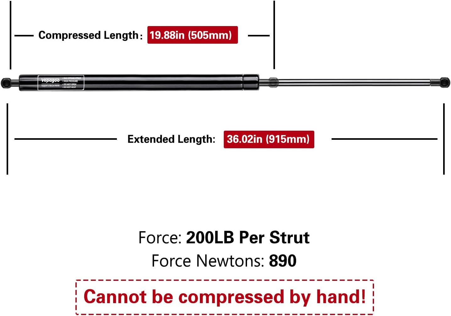 36 Inch Gas Strut 200Lb/890N Heavy Duty Lid Gas Struts Shock Lift Support Spring