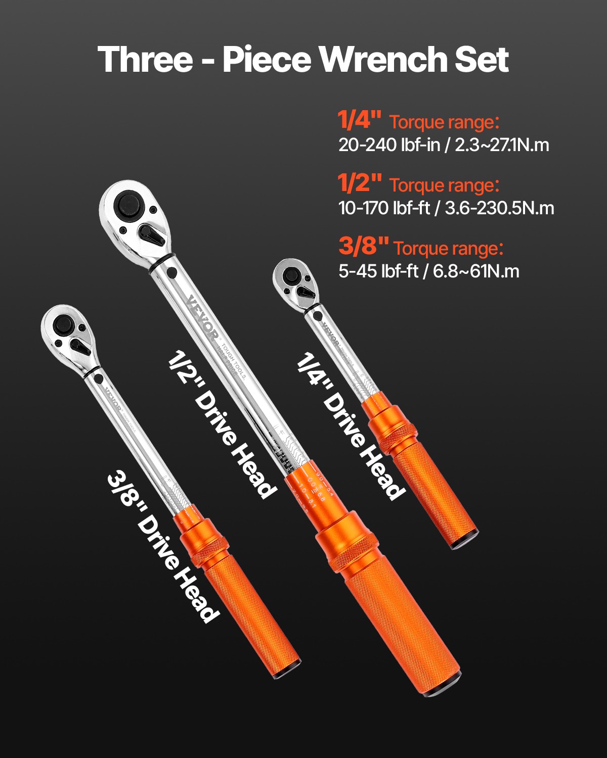 VEVOR Click Torque Wrench Set 3Pcs 1/4 3/8 1/2 In Drive Dual-direction 72-Tooth