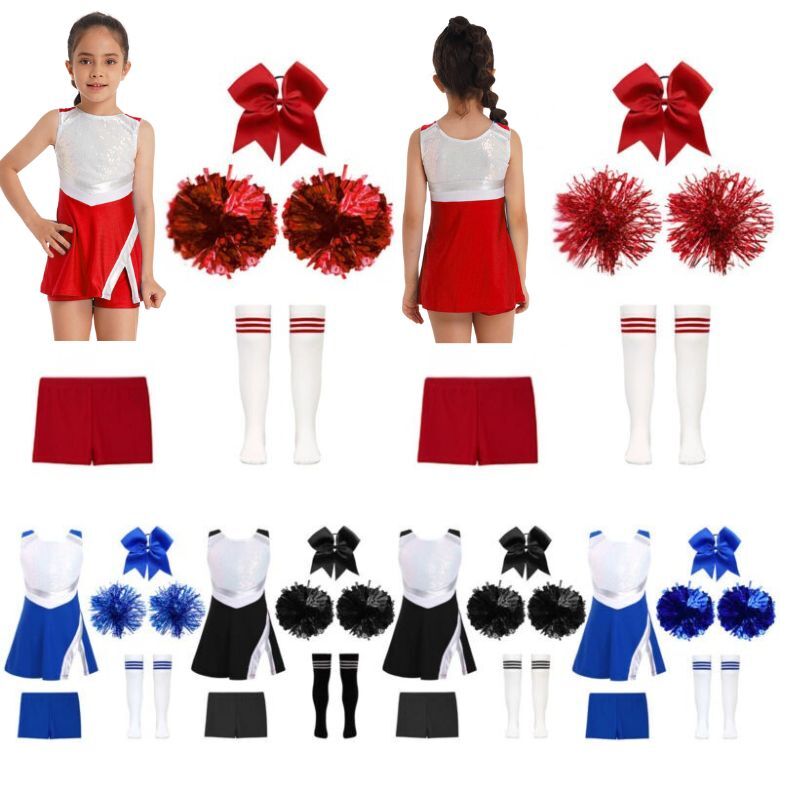 Kids Girls Cheer Leader Costumes Sequins Uniforms Shiny Cheerleading Outfits