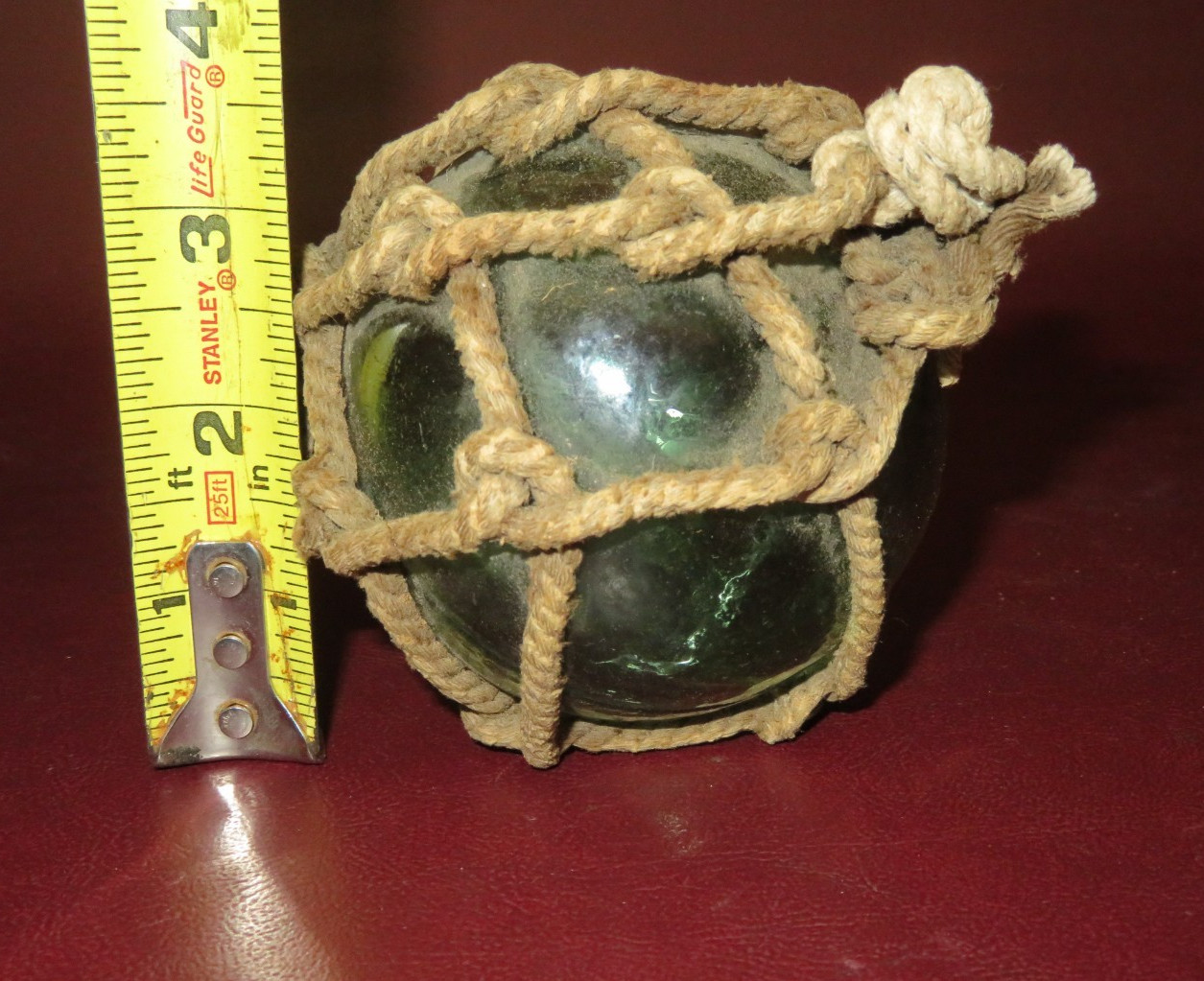 Antique 3" Japanese Rope-Wrapped Blue Hand-Blown Glass II Mark Fishing Net Float