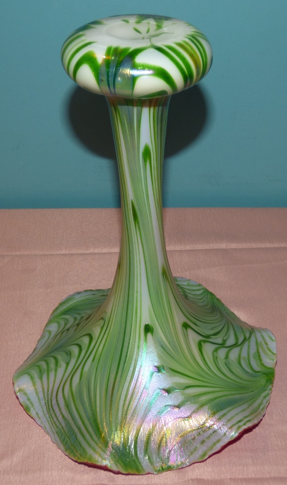 Charles Lotton Aventurine Art Glass Vase 2009 White/Green Pulled Feather 12 1/4"