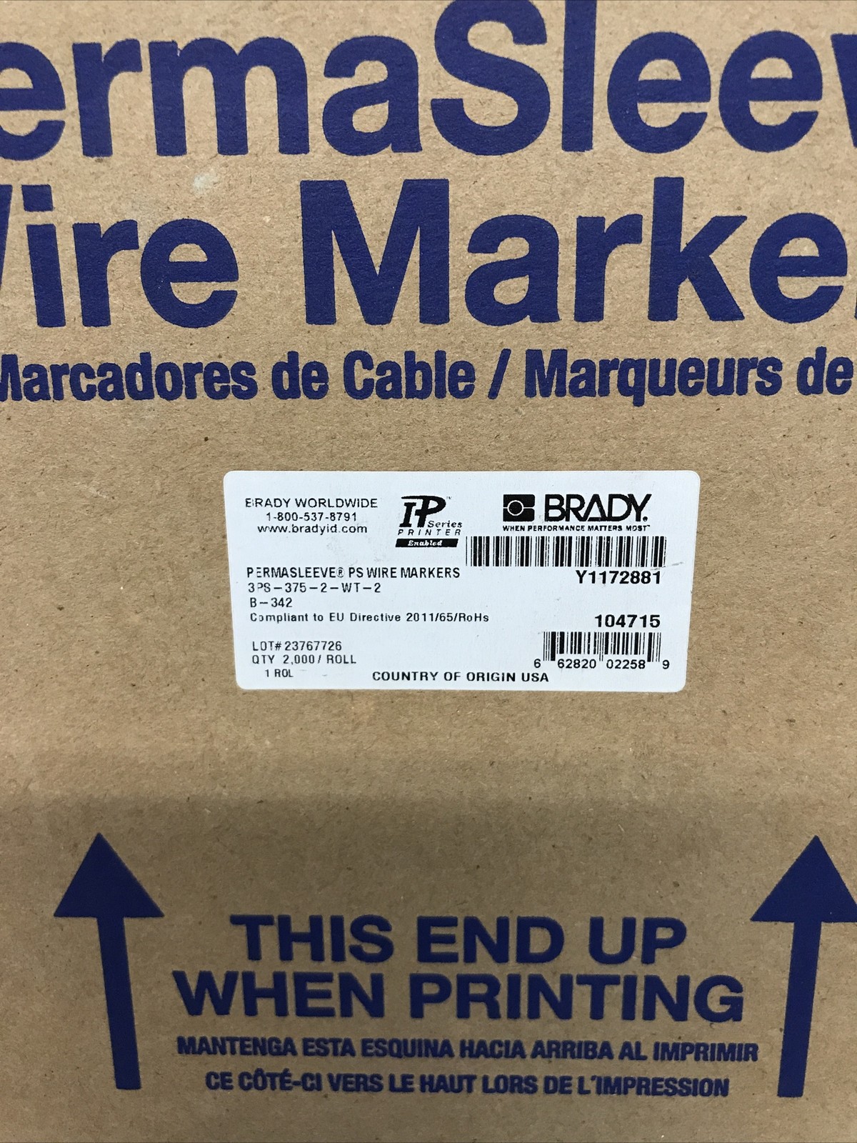 Brady 3PS-375-2-WT-2 PermaSleeve Wire Markers White 2000 Count Roll New In Box