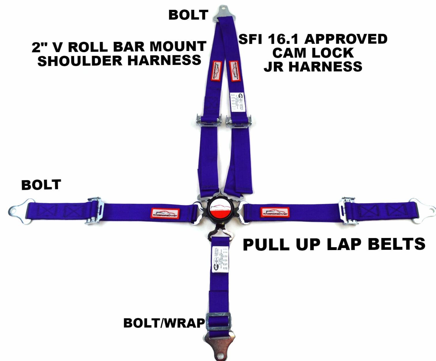 QUARTER MIDGET RACING HARNESS 5 POINT SFI 16.1 V MOUNT 2" CAM LOCK COBALT BLUE