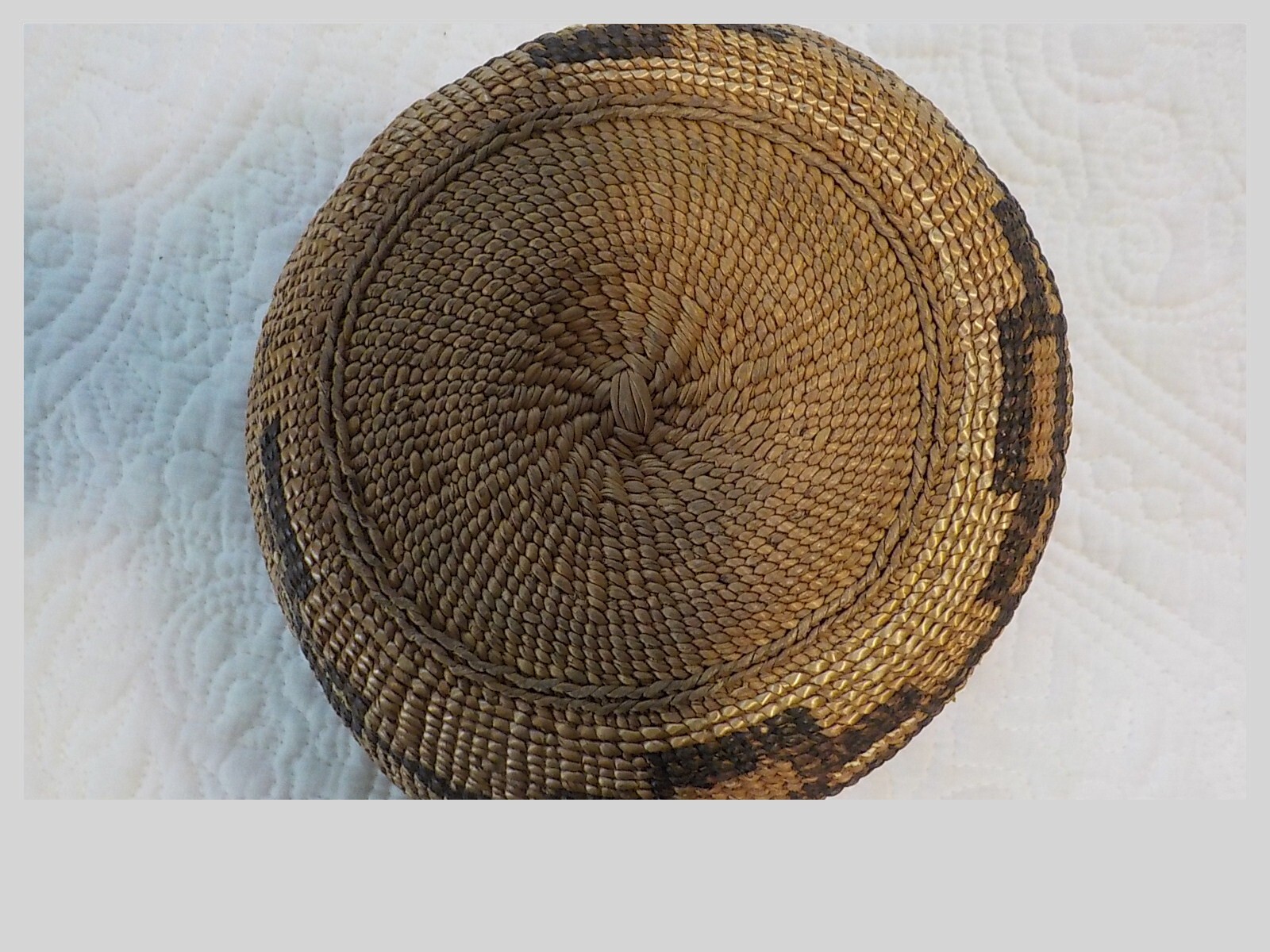 Antique Klamath Basket with Yellow dyed bird quill c. 1900 7" x 5"