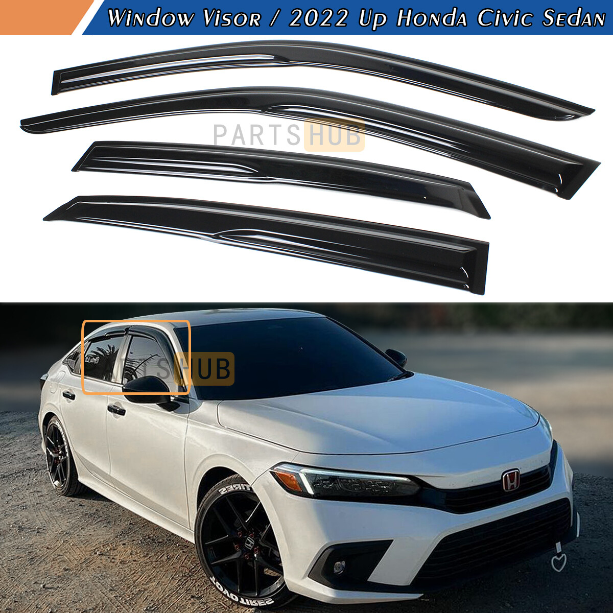 For 2022-2024 Honda Civic Sedan Mugen Style Window Visors Rain Guards Deflectors
