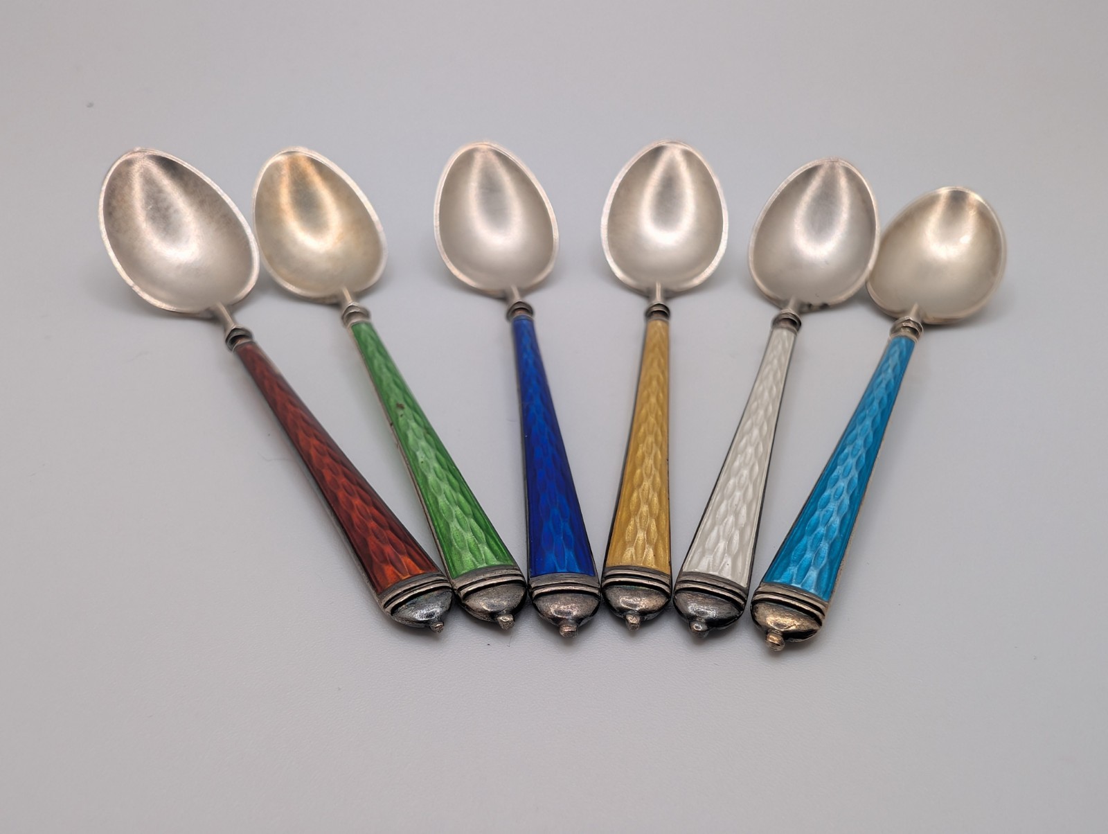 Vintage Sterling Silver Guilloche Enamel Demitasse Spoons Set 6 Multicolor