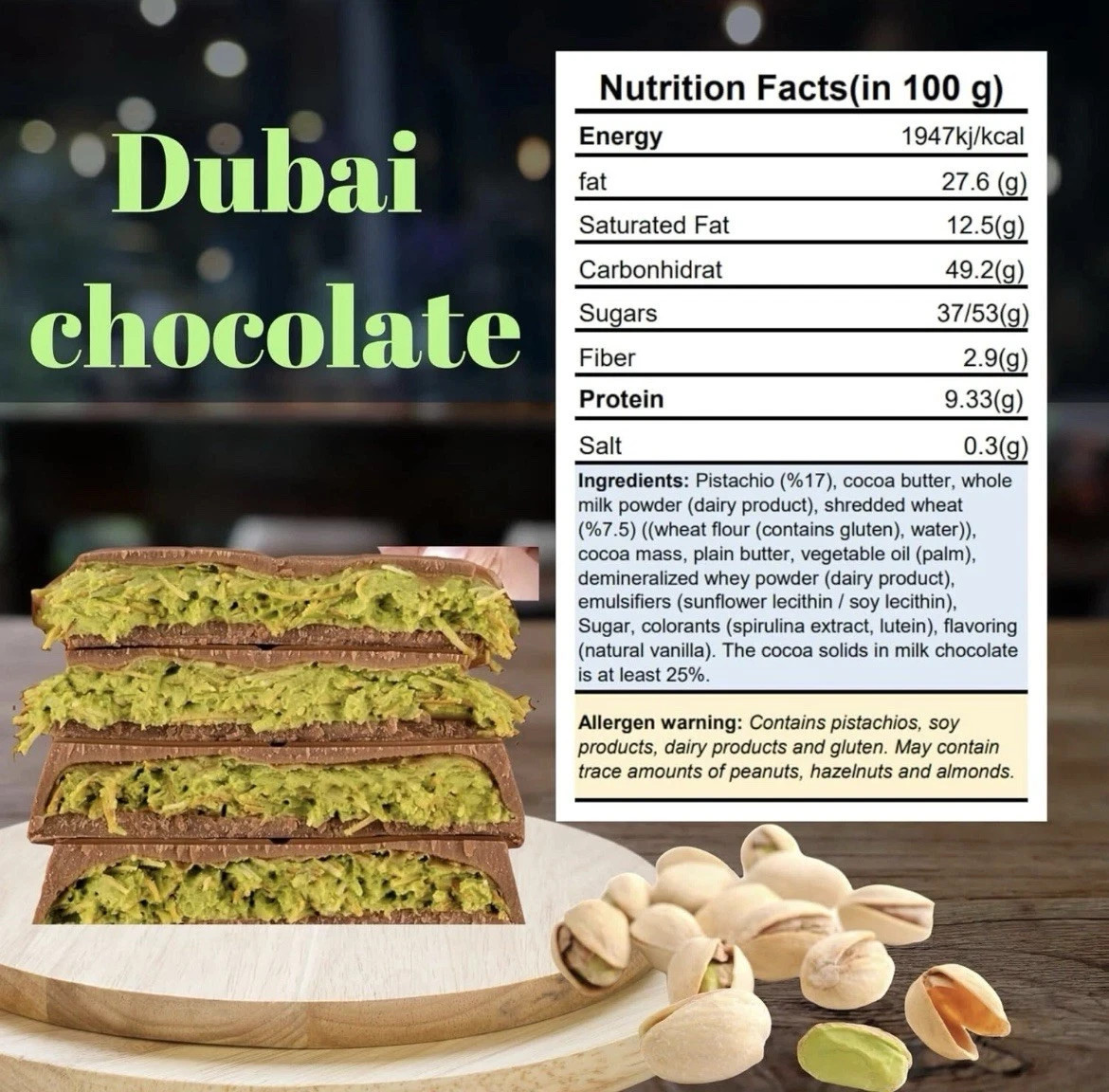 Dubai Chocolate Bar 95g - Viral Chocolate - Premium Hand Knafeh, Pistachio