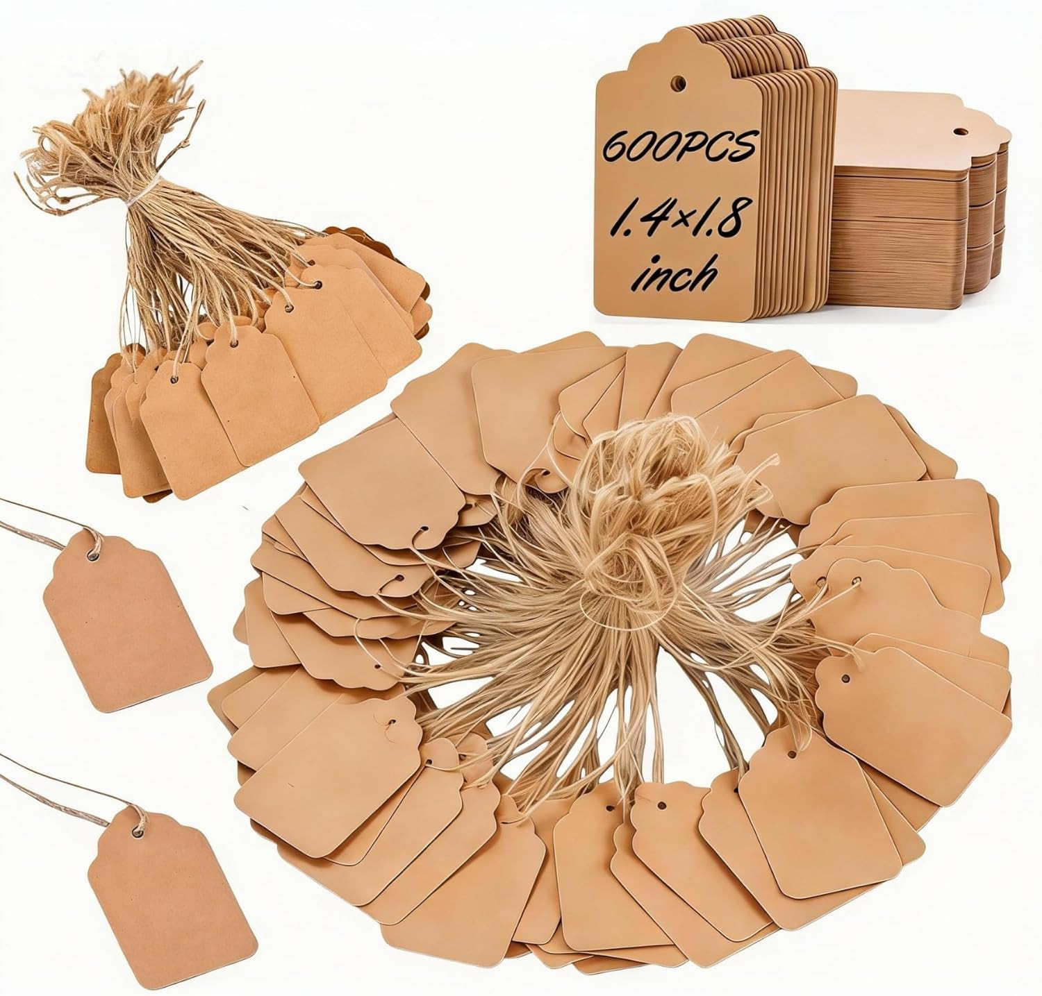 600 PCS Small Price Tags with String Attached, Brown Kraft Paper Blank Hang
