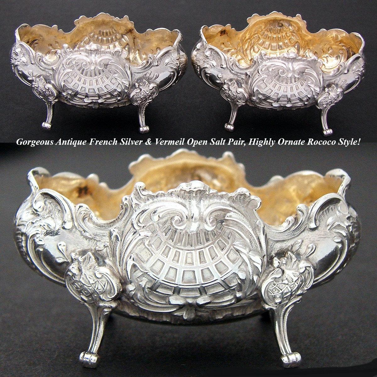 Fab Pair Antique French .800 (nearly sterling) Silver Open Salts, Louis XV Style