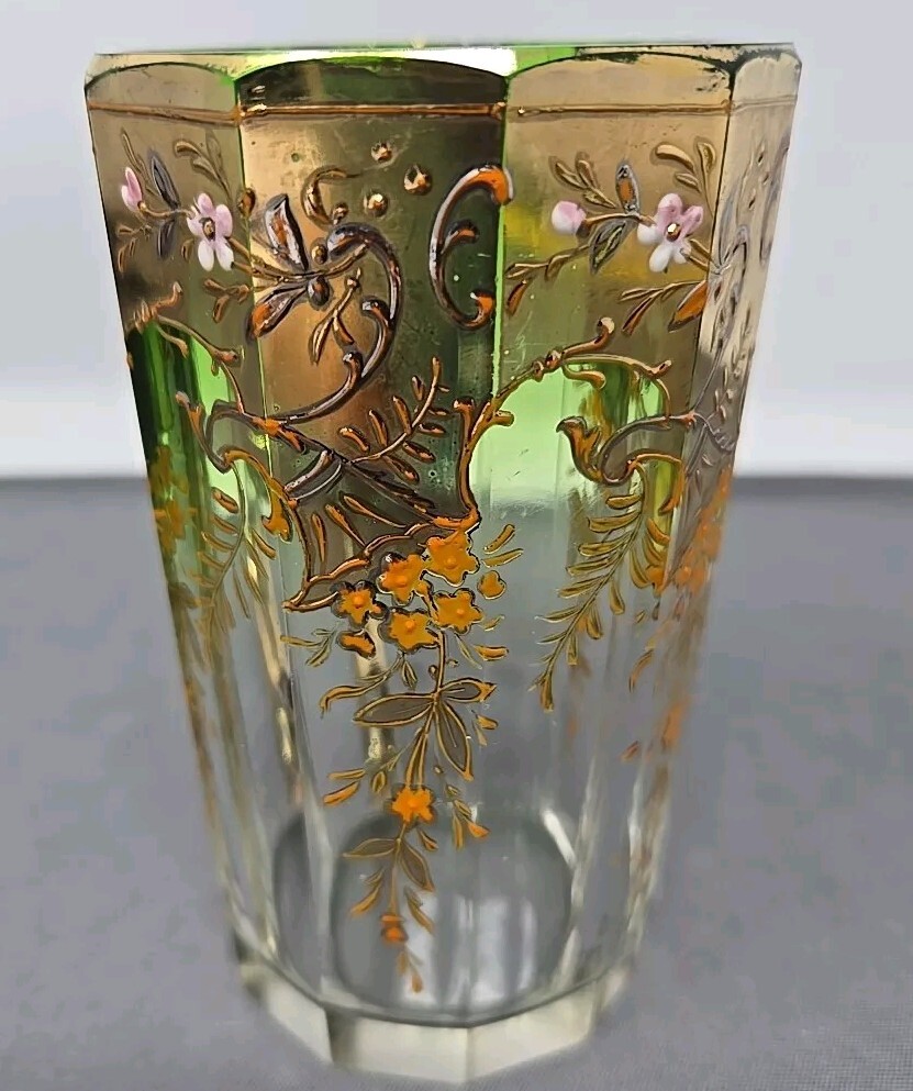 Moser Gilt Clear to Green Glass Handled Cup Enameled 19th Century