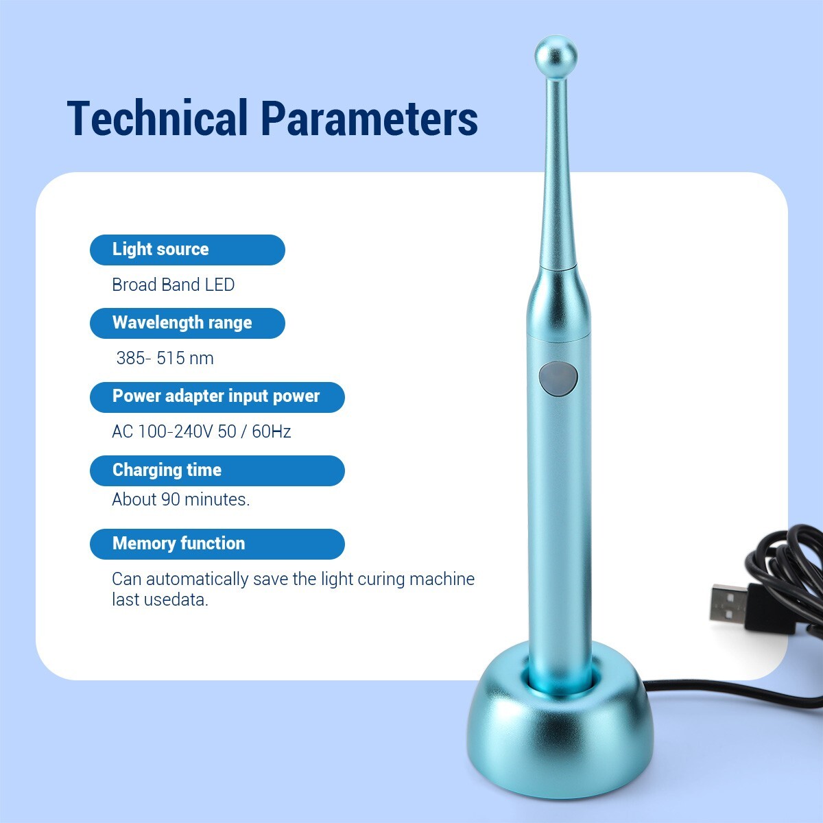 Dental Wireless Cordless 1S LED Cure Curing Light Lamp 2300mW 10W Resin Cure