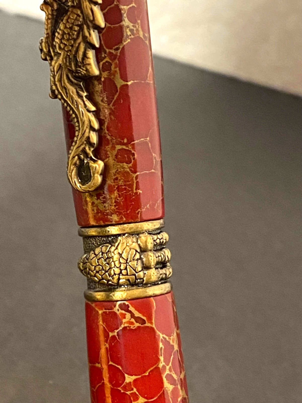 Red Jasper Crouching Dragon Armored Scales Twist Ballpoint Pen Tigers Eye