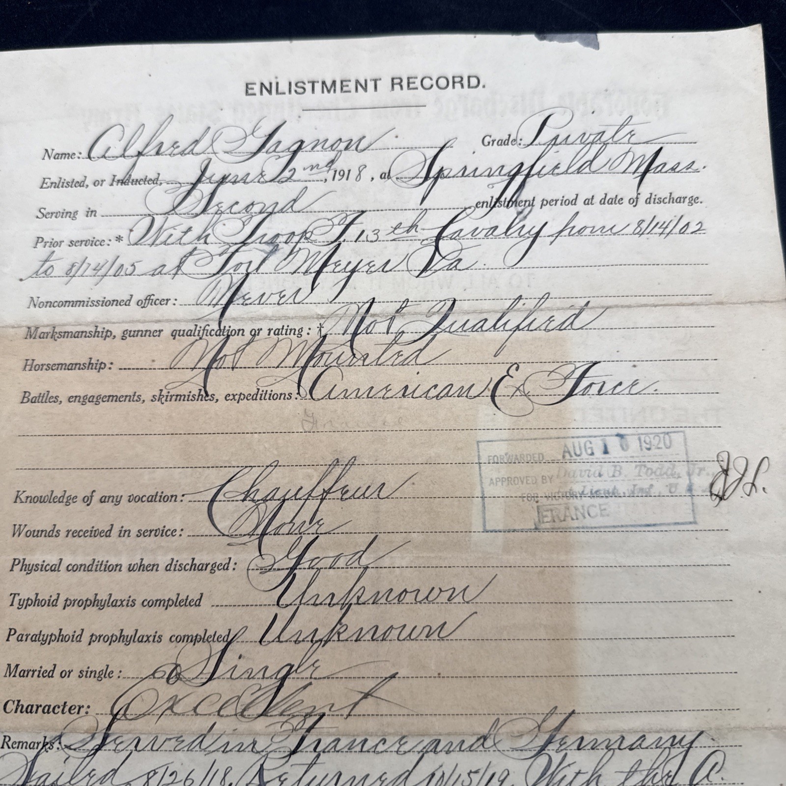 WWI 1918 3rd Infantry Division 6th Engineers Co. B Honorable Discharge Army AEF