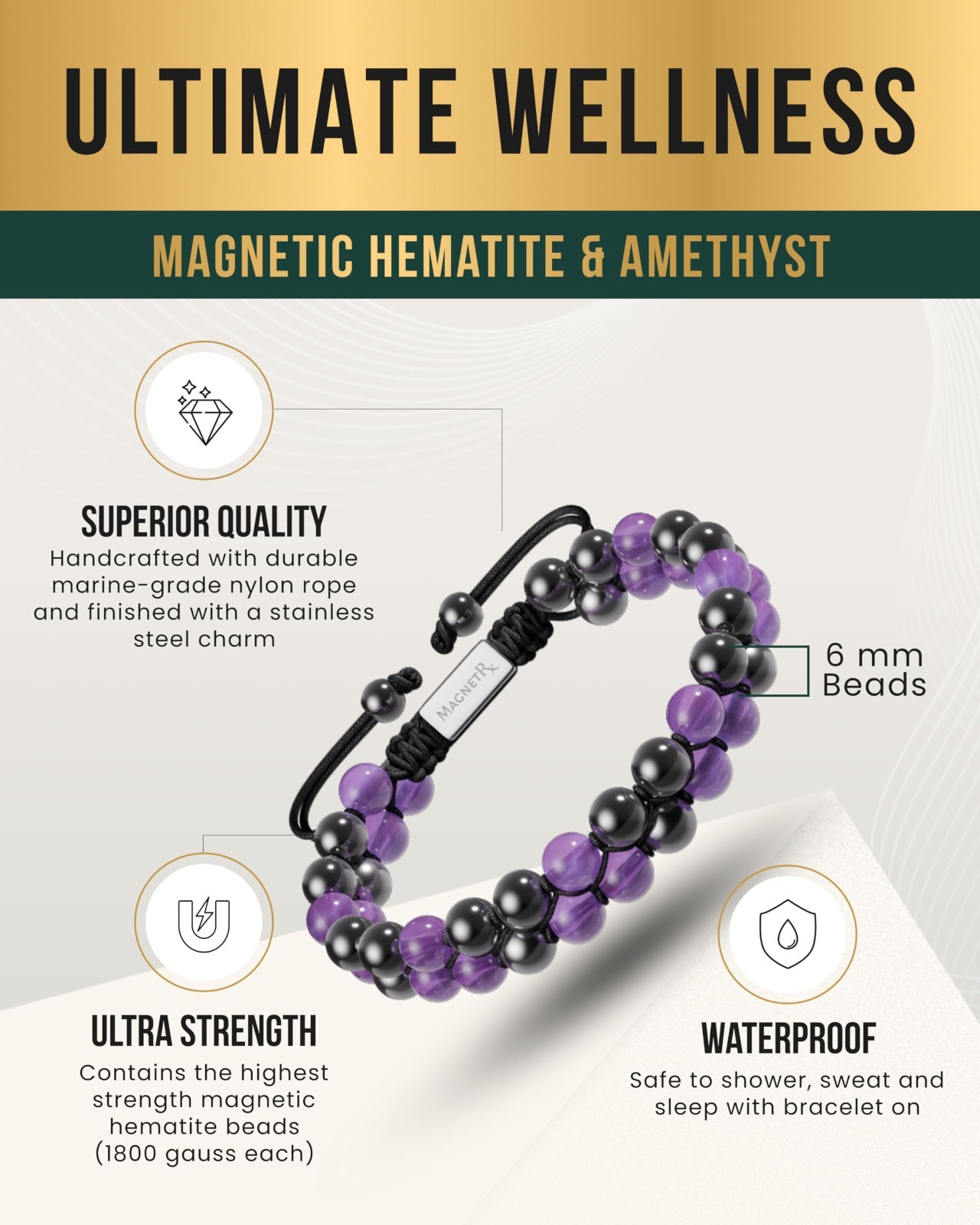 MagnetRX® Hematite Magnetic Bracelet - MAX Strength Natural Stones - Beaded