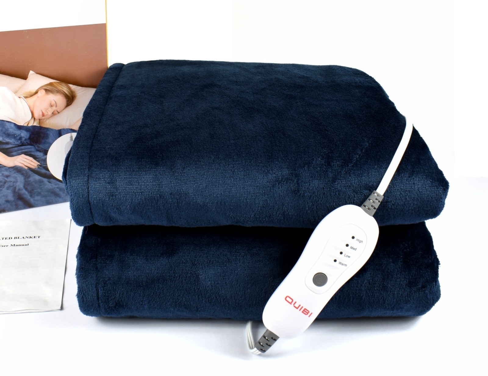 QUIBI Soft Flannel 4 Heat Levels Electric Heated Blanket Sz Queen (84x90") Navy