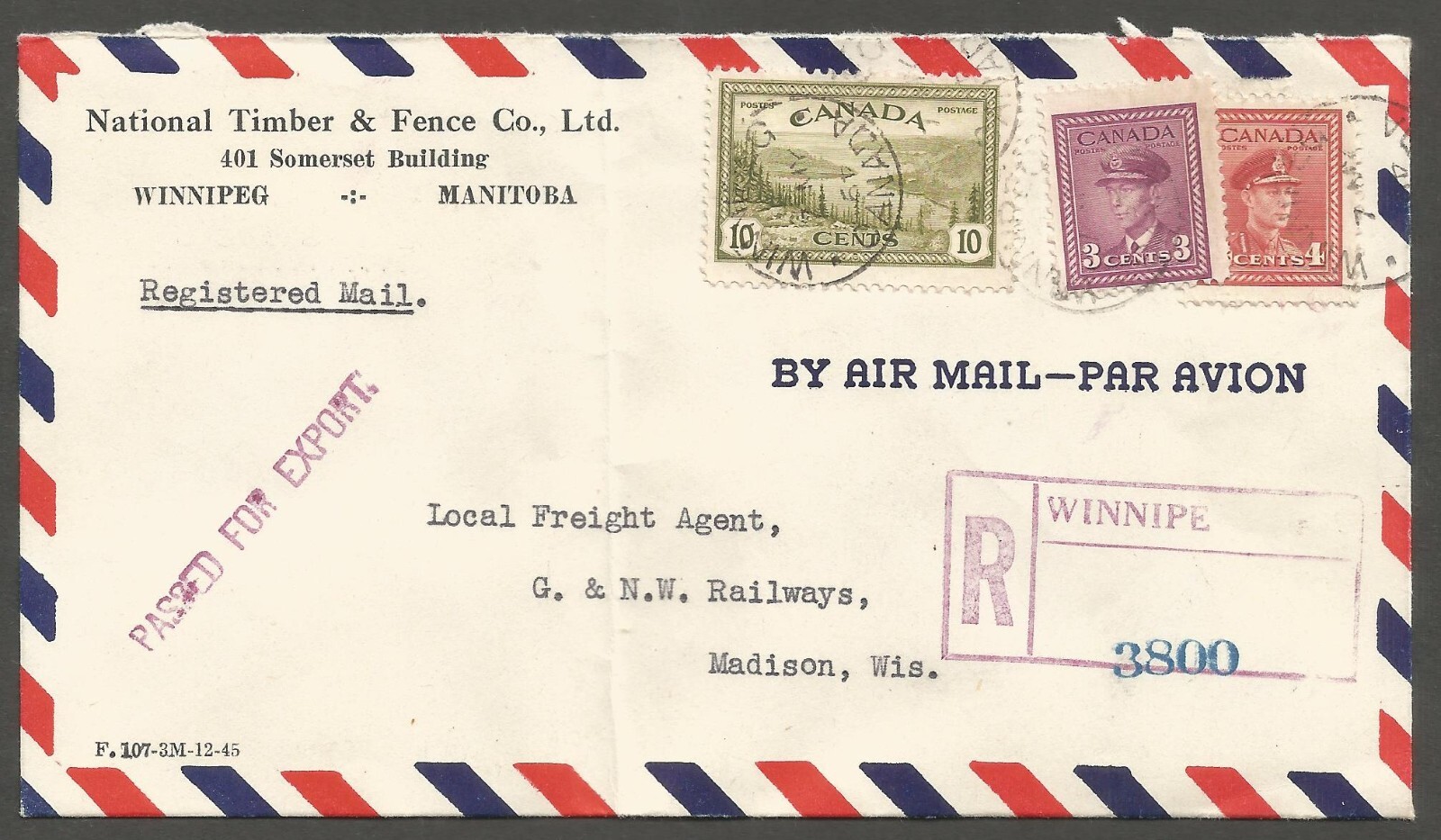 1949 National Timber Registered Airmail Cover 17c War/Peace CDS Winnipeg Man