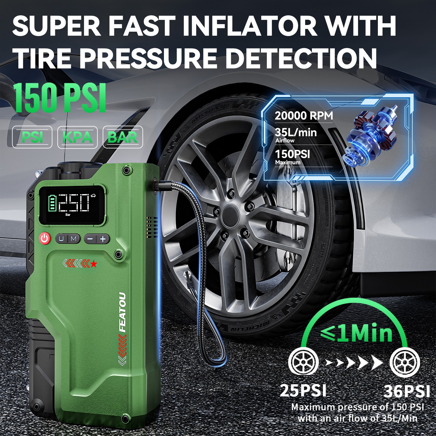 Featou 8000A Car Jump Starter with Air compresso Power Bank Battery Charger 12V