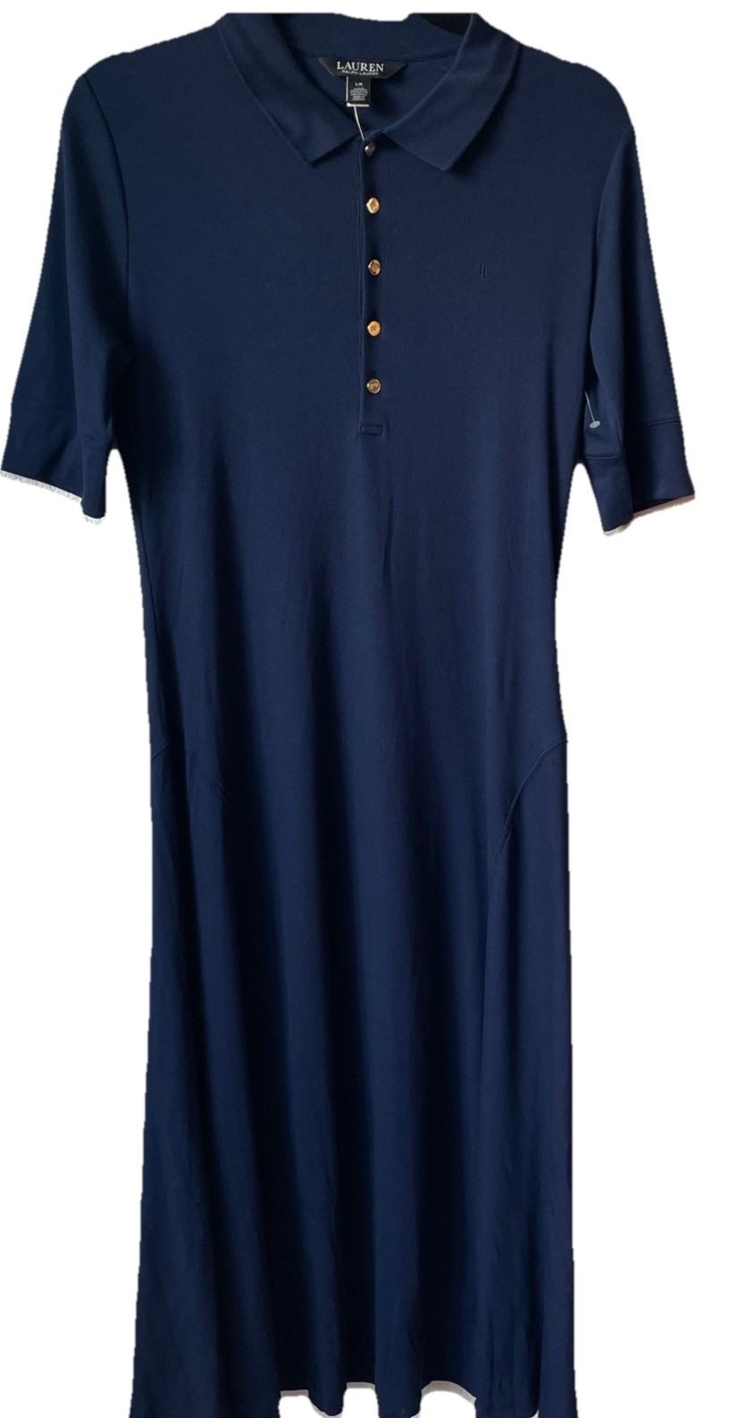 New Lauren Ralph Lauren Cotton-Blend Midi Polo Dress in Navy Blue Size Large