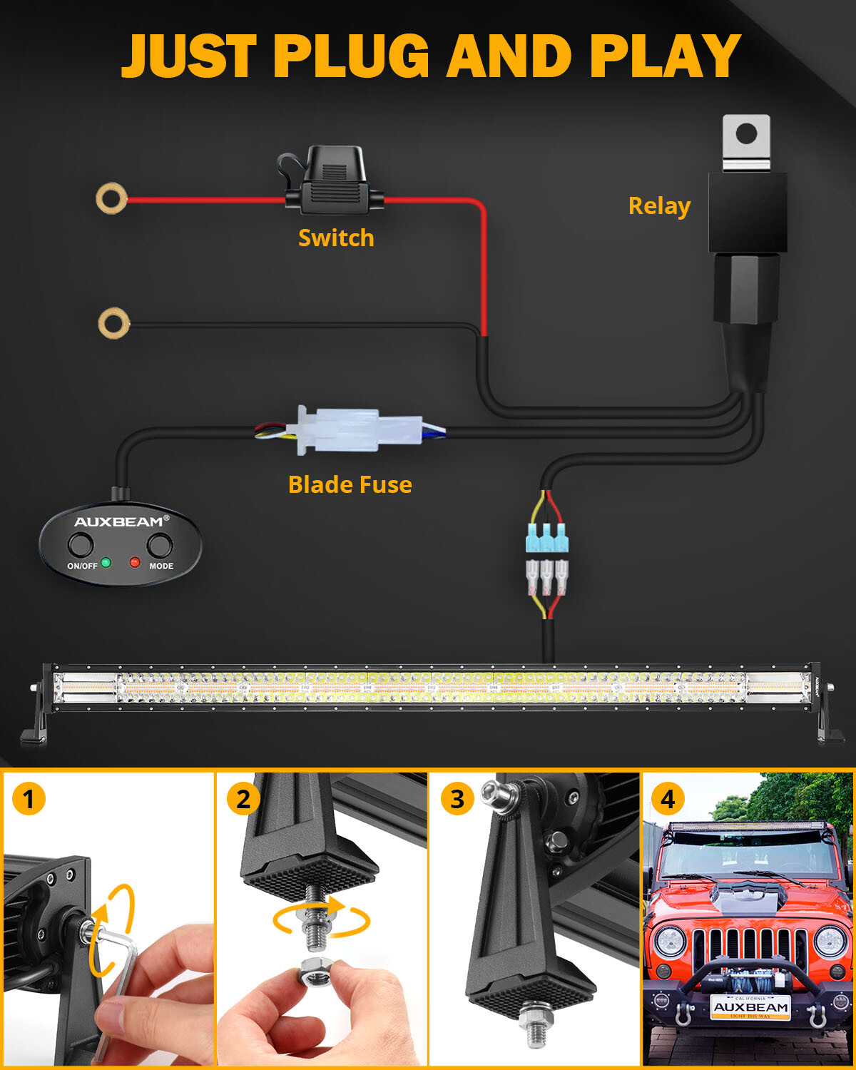 AUXBEAM 50"inch LED Light Bar 6 Modes Strobe Light Amber White for Jeep Wrangler