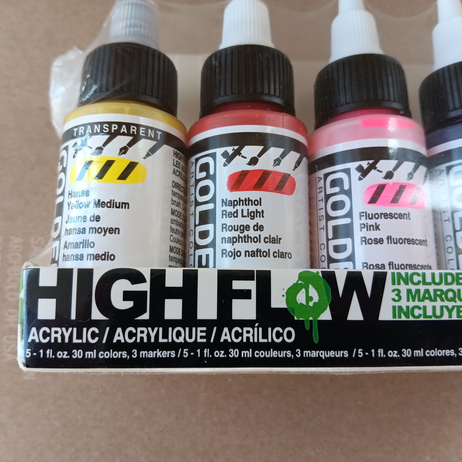 GOLDEN ACRYLIC SET HIGH FLOW 5 COLORS & 3 REFILLABLE MARKERS