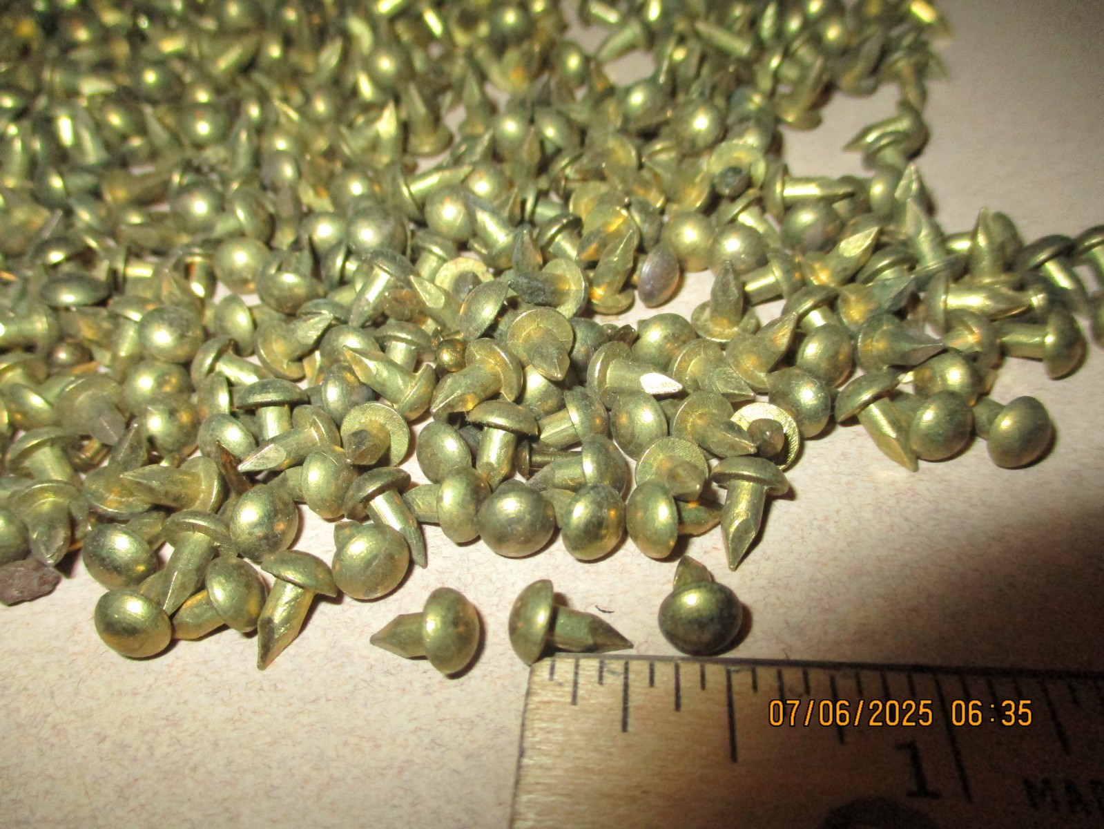 50--NICE VINTAGE 1/4" X #12, SOLID BRASS ESCUTCHEON PINS NAILS, ROUND DOME HEADS