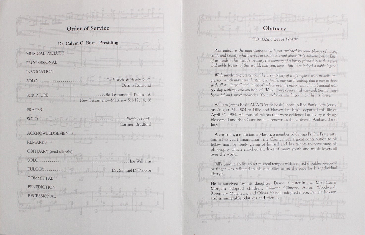 William James “Count” Basie Funeral Program Jazz New York Music