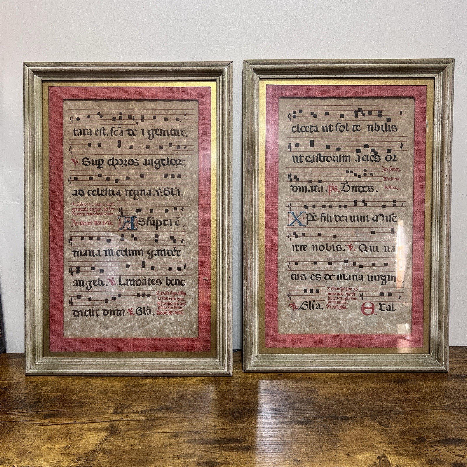 Pair Framed Illuminated Gregorian Chant Music Manuscript Pages Medieval Style