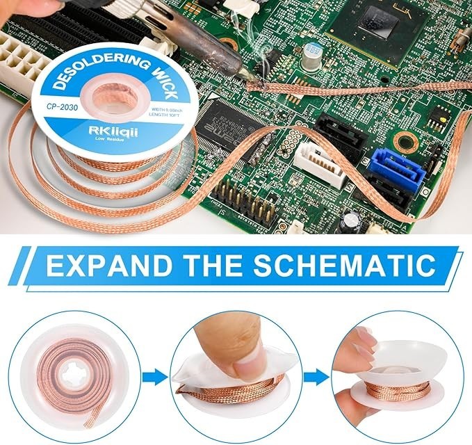 3Pcs Solder Wick Braid Kit with Flux, Low Residue Desoldering Wire 10ft Each