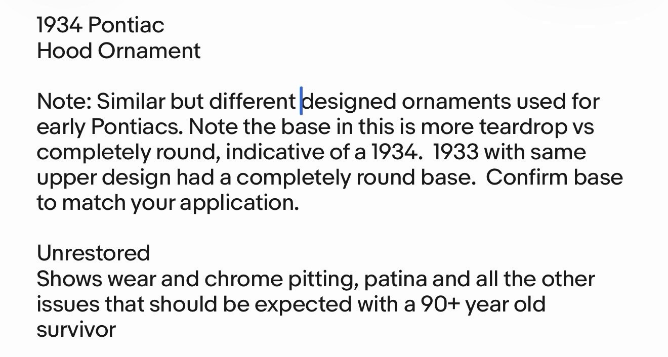 OEM 1934 Pontiac Hood Ornament Unrestored Mounted on Wood Base