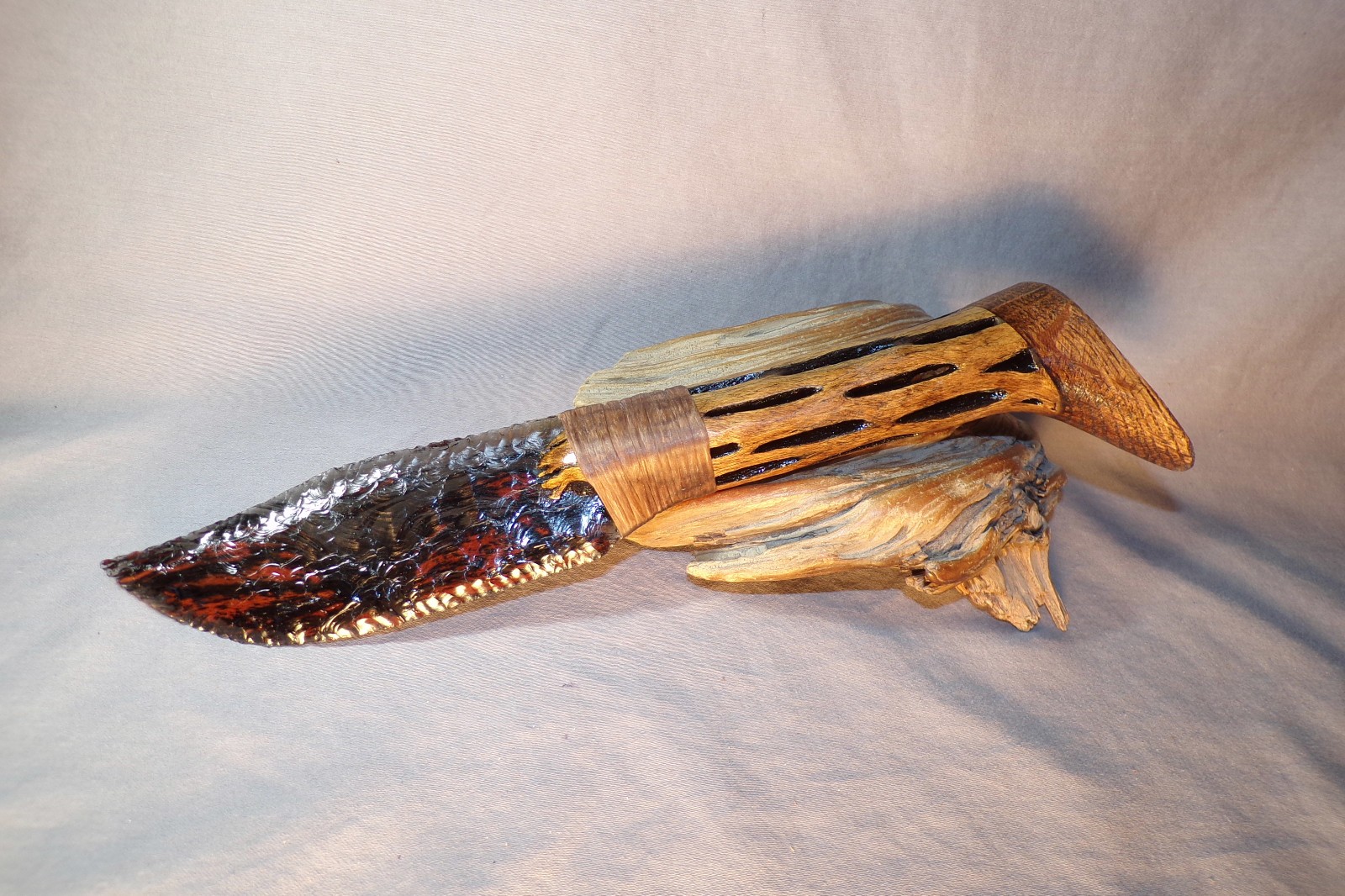 Triple Flow Obsidian Bowie Knife w Cholla Cactus Wood Handle Flint Knapping COA