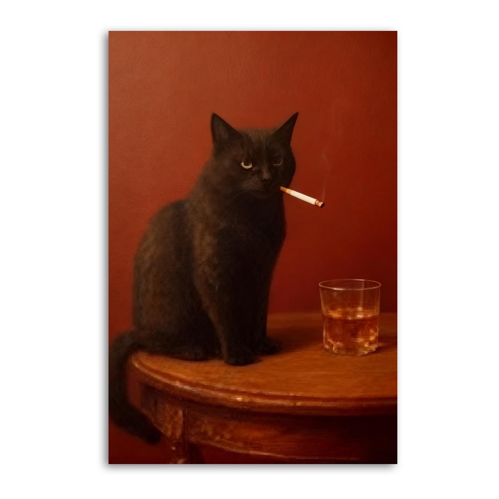 Black Cat Smoking a Cigarette Print Vintage Oil Painting Funny Animal Art