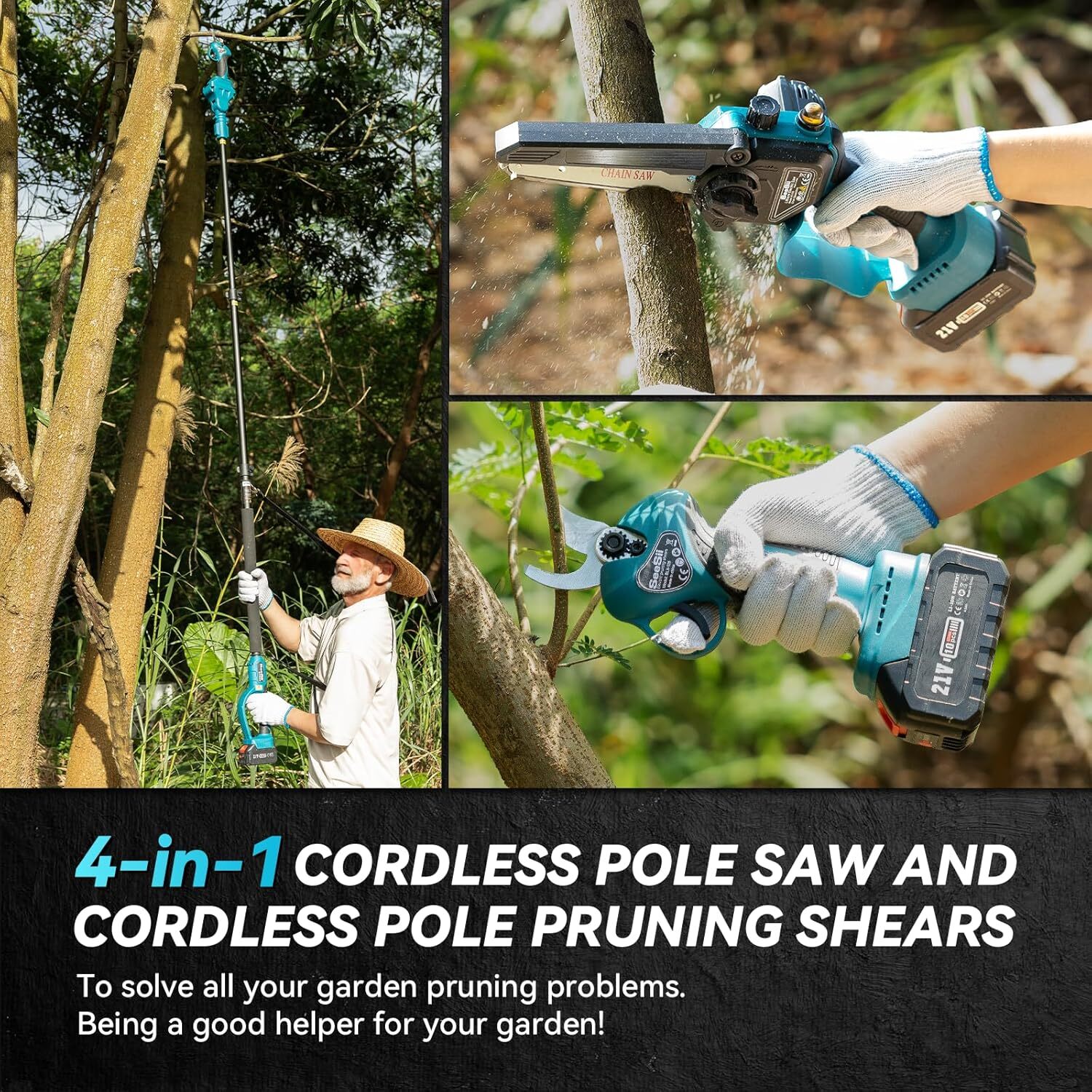 4-in-1 Cordless Pole Saw & Pole Pruning Shears Combo Kit Chainsaw Cutter 2*4000