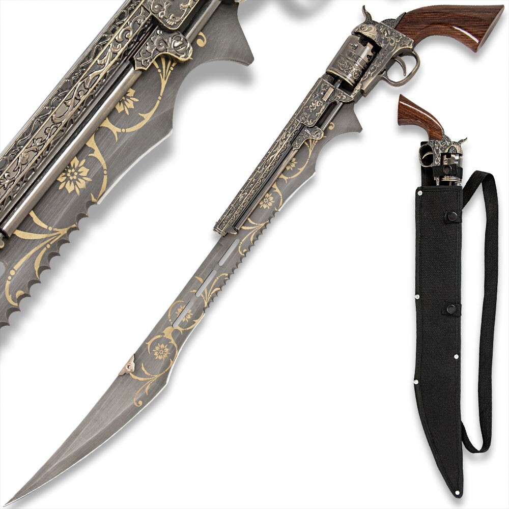 Steampunk Revolver Sword | Spinning Barrel | Nylon Shoulder Sheath | 26" Overall