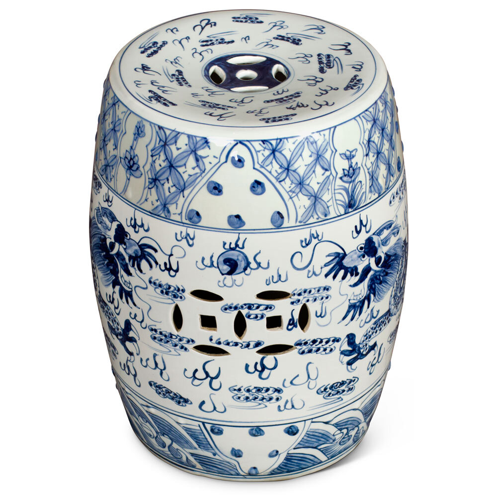 US Seller - Blue & White Porcelain Chinese Imperial Dragon Motif Garden Stool
