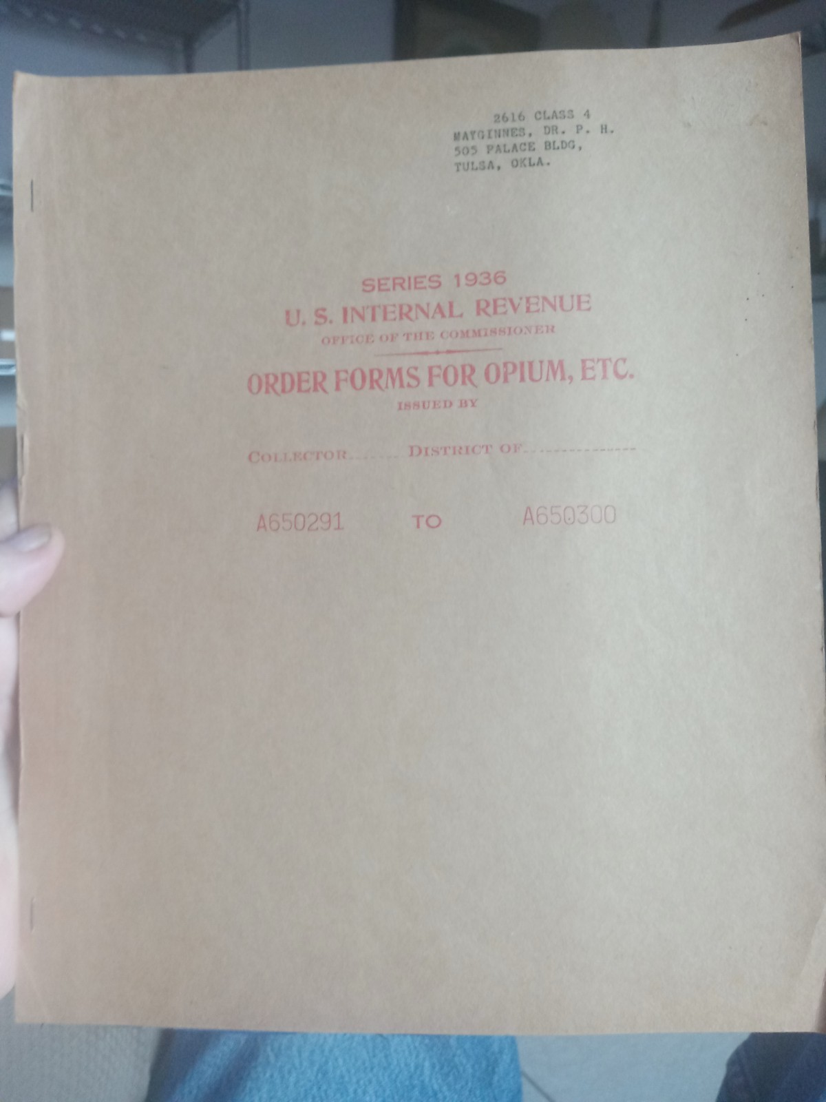 Tulsa History Opium Order Forms IRS 1936 OKLA Doctors Physicians Medical Book.