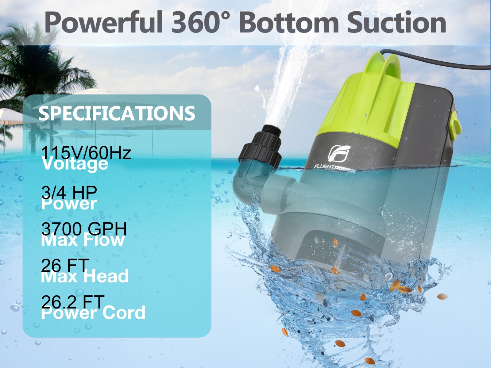FLUENTPOWER 3/4HP 3700GPH Submersible Sump Pump with Integrated Float Switch