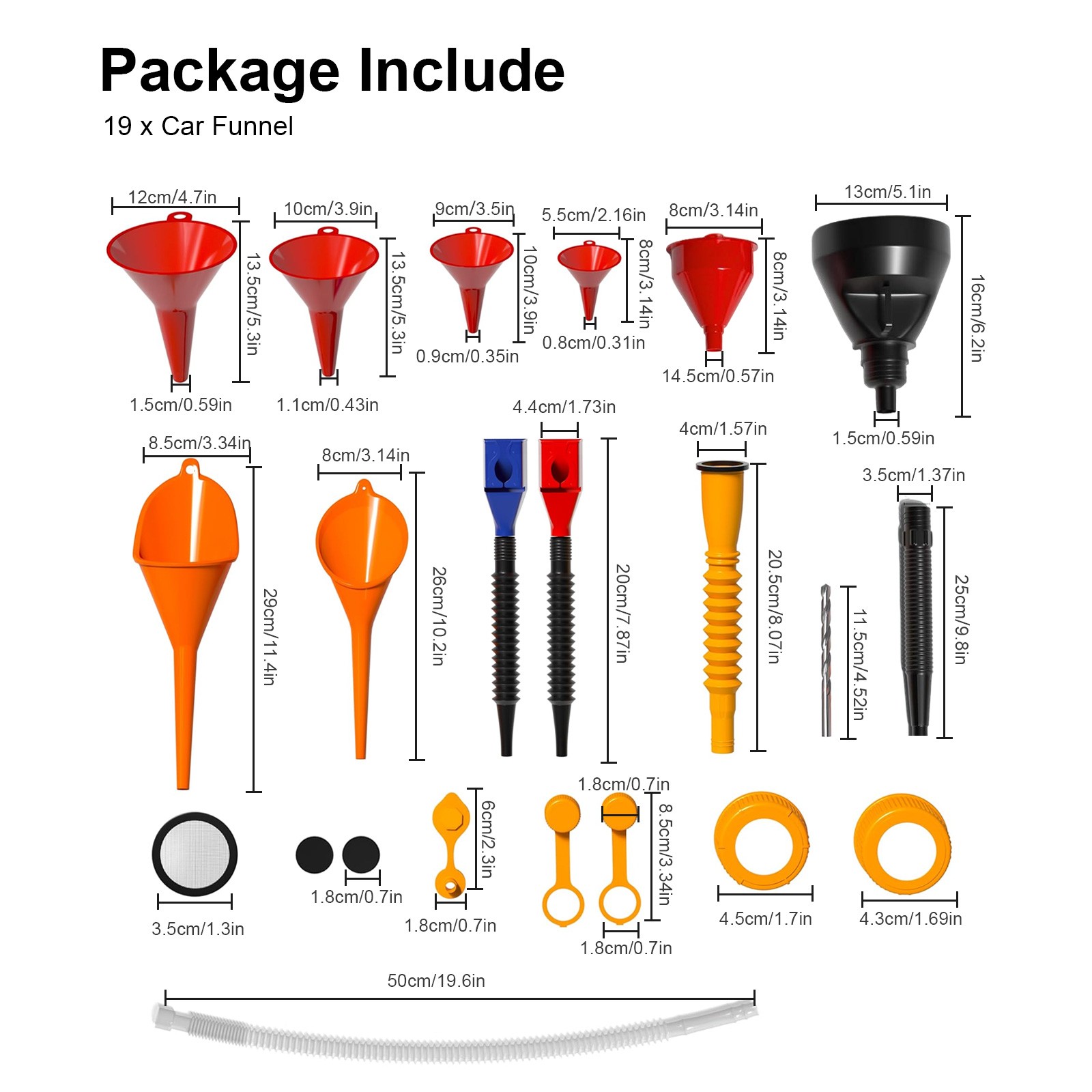 19 PCS Automotive Funnel Set w/ 9 Gas Can Spout Replacements Plastic Funnels Kit